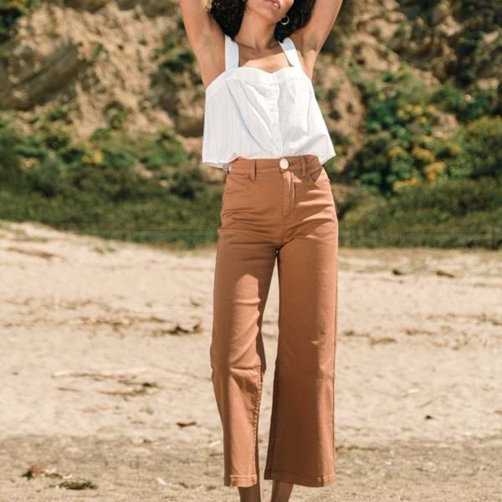 Whimsy + Row Pants Cotton Chino Camel Tan Flora Wide Leg Pants High Rise